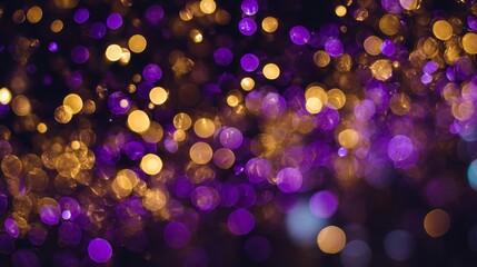 Purple and gold bokeh holiday lights at night for mardi gras, carnival, christmas, and new year party background with festive glittering glow and celebration atmosphere
