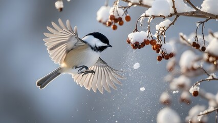 Delightful chickadee takes flight near snow-covered berries, capturing the pure joy of winter, a reminder of nature's beauty and resilience