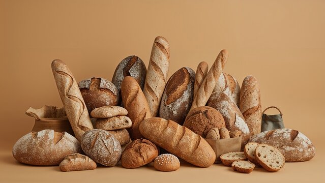A variety of bread and baked goods, including baguettes, rolls, and loaves, arranged on a neutral background. Fresh bakery products. The concept of bread and baked items.