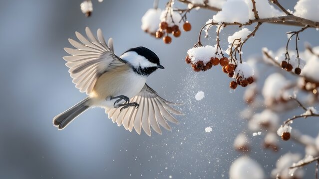 Delightful chickadee takes flight near snow-covered berries, capturing the pure joy of winter, a reminder of nature's beauty and resilience