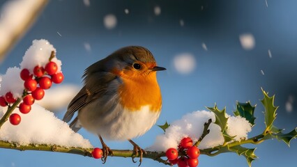 Charming robin perched on snowy holly branch, winter wonderland scene brings Christmas spirit and joyful holiday cheer, evokes cozy seasonal feelings