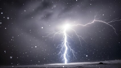 Stunning lightning strike illuminates a snowy landscape during a winter storm, creating a dramatic and powerful scene for impactful storytelling and weather reports