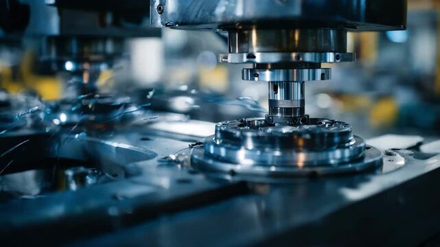 Medium shot focused on automated machinery performing final surface finishing demonstrating advanced techniques for achieving consistent quality in stamped products.