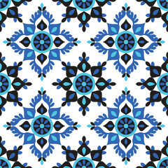 Seamless Arabian ethnic tribal fabric pattern delicate blue floral and ornate geometric motifs.