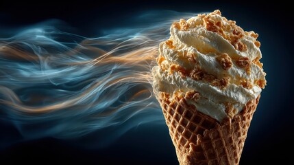 Vanilla ice cream cone swirls with vaporous smoke against dark background, sweet dessert food presentation with copy space perfect for marketing
