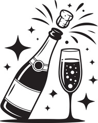 Champagne, or wine icon. Black silhouette of a champagne bottle and a glass. Iconography. Vector