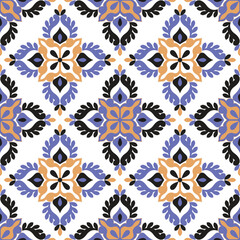 Seamless Arabian ethnic tribal fabric pattern delicate blue floral and ornate geometric motifs.