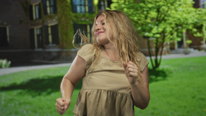 Obraz premium Woman dancing with clenched fists at building entrance, smiling and hair flipping; joy carefree playful moment.