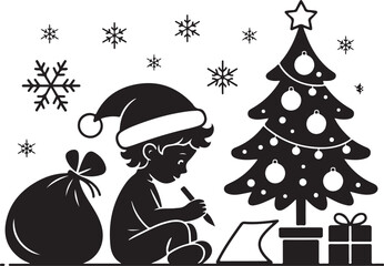Child writing letter to Santa with Christmas tree silhouette