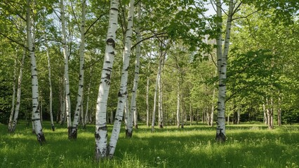A birch forest with tall, slender trees and lush green grass under a bright sky.