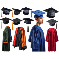  Diverse Graduation Gowns and Caps in Various Colors and Styles, PNG bundle collection, Isolated on Transparent Background