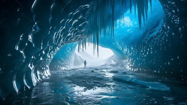Explore a stunning ice cave with frozen stalactites, an adventurer stands in the distance, a journey into a breathtaking frozen landscape - Powered by Adobe
