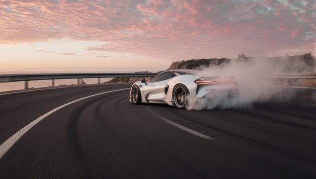 White sports car drifting on a coastal road at sunset.