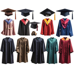 Diverse Graduation Gowns and Caps in Various Colors and Styles, PNG bundle collection, Isolated on Transparent Background 