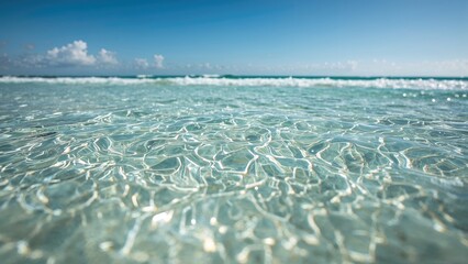 Clear ocean water with gentle waves and a bright blue sky, showcasing the beauty of the sea and shoreline.