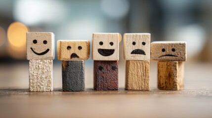Understanding diverse emotions represented by wooden blocks expressing joy, sadness, and neutrality to showcase emotional intelligence