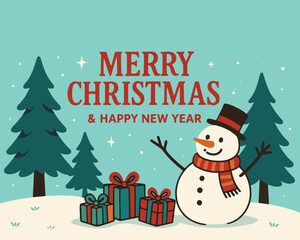 Cartoon illustration of a snowman on a Christmas greeting card with snow, snowflakes, a winter tree, and a holiday hat