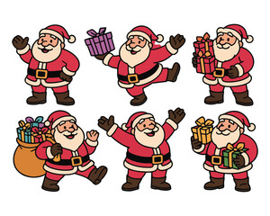 Funny cartoon set of Santa Claus and Christmas elf characters playing with children and gifts for a winter holiday illustration