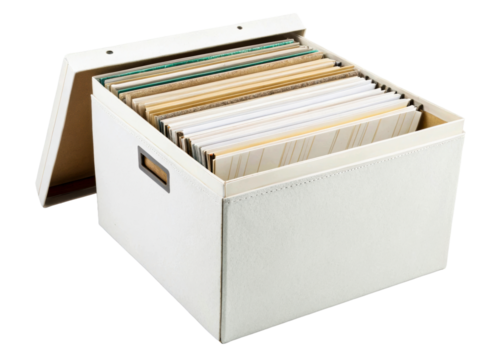 Open cream fabric filing box with folders and documents inside, perfect for home organization and office storage solutions
