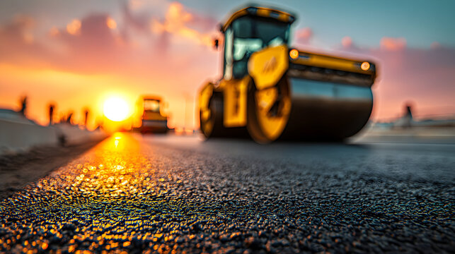 Cinematic view of freshly laid asphalt road construction at sunset