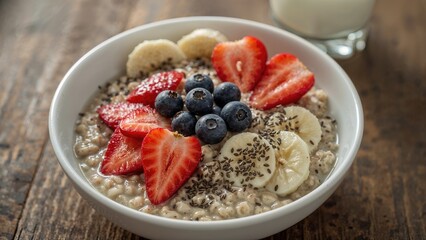 Bowl of oatmeal topped with sliced strawberries, bananas, blueberries, and chia seeds on a rustic wooden table.