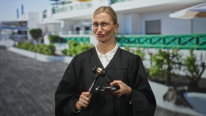 Woman judge in robe holds gavel and wooden block, puckers lips and lifts gavel in front of white building with green railing; skepticism.