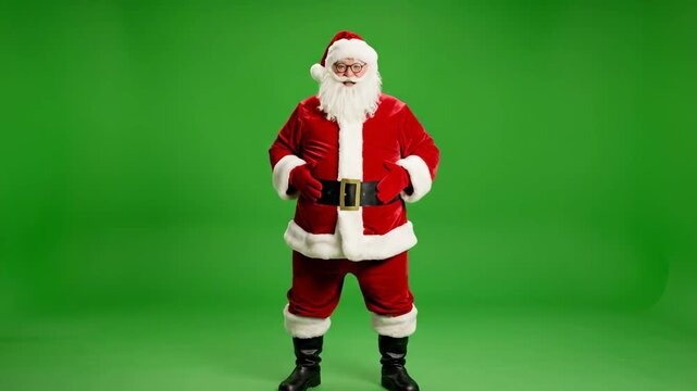 Santa Claus on Green Screen - A full shot of Santa Claus in his classic red suit standing on a green screen background. He is looking at the camera with his hands together near his chest.