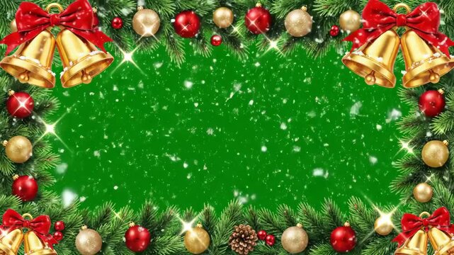 Christmas Border with Bells on Green Screen - Christmas ornaments with bells frame a green screen background with falling snow. Ideal for holiday videos and effects with an area to add custom content.