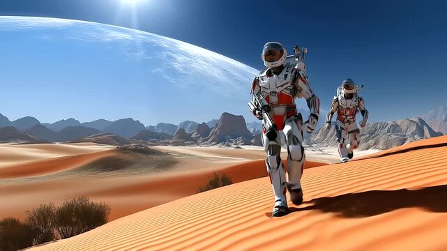 Astronauts exploring Mars surface in advanced spacesuits, collecting samples amid red dunes and rocky terrain, distant Earth visible in the sky, representing human ambition in spac
