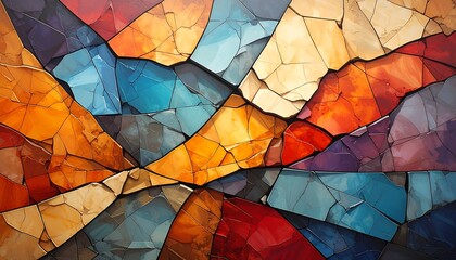 A vibrant abstract composition resembling stained glass, with fractured shapes forming a colorful landscape