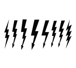 A collection of various black lightning bolt icons and symbols, representing electricity, power, energy, and danger, isolated on white background
