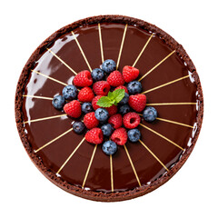 Indulge in decadent chocolate tart artfully decorated with vibrant fresh berries and mint, a delightful culinary masterpiece for all