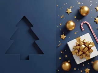 Elegant Christmas layout featuring a tree outline, gold ornaments, and a wrapped gift for festive holiday campaigns and seasonal promotions that shine