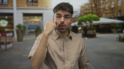 Obraz premium Man wearing glasses raising fist and shouting with open mouth on busy city street, storefront visible behind him; anger.