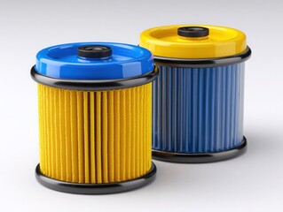 Two yellow and blue containers with a blue lid