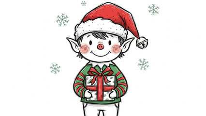 Festive Christmas elf with a present bringing holiday cheer, perfect for seasonal greetings and joyful design, originally a scalable vector graphic