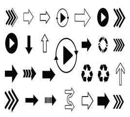 A comprehensive collection of black arrow icons and symbols, featuring various directional, navigational, refresh, and recycle signs, isolated on white background