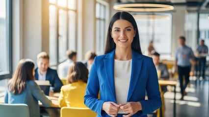 Confident businesswoman leading team meeting in sunlit office - Empowering leadership, strategic vision, modern workplace, diverse team collaboration, professional success