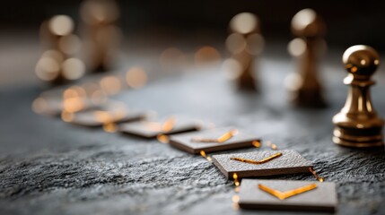 Business strategy roadmap showing progress with golden Chess pieces representing successful corporate project execution and strategic planning