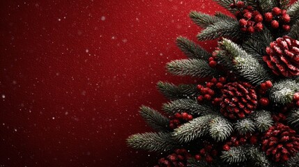 Christmas tree fir branches berries and cones decorated and snow falling on a red background holiday season decoration
