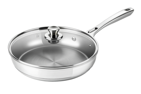 High quality stainless steel frying pan with tempered glass lid and handle for cooking preparation and kitchenware applications