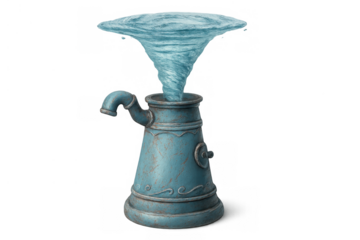 Fantasy magic potion concept with blue water vortex swirling from a steampunk-style metal jug, on transparent background