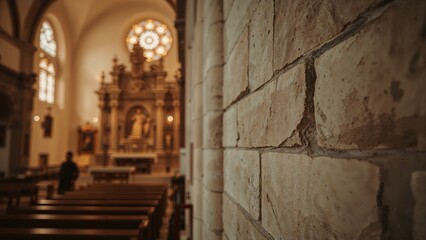 Obraz premium Interior of a church with stone walls, wooden benches, and an ornate altar with religious statues and a stained glass window.