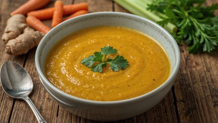 A bowl of carrot and ginger soup garnished with cilantro, with fresh carrots, ginger, and herbs on a wooden surface.