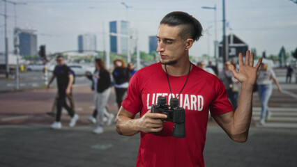 Lifeguard man in red shirt holds binoculars and raises right hand with palm visible at street...