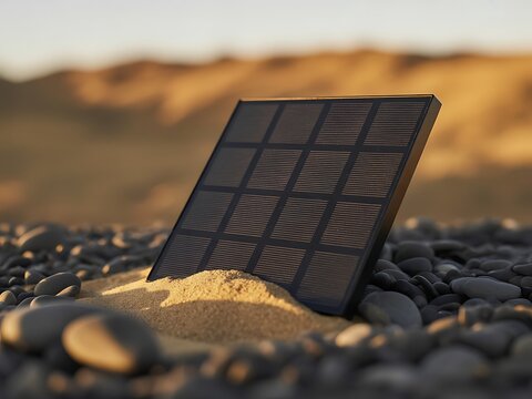 A single solar panel rests on a sandy beach with pebbles and dunes