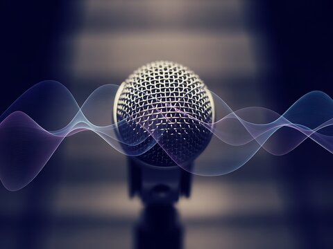 Close up of a microphone with abstract sound waves emanating from it