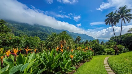 Lush tropical landscape with vibrant orange flowers, palm trees, and mountains in the background under a blue sky with clouds.