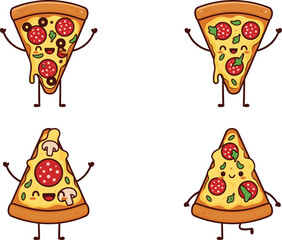 Cartoon pizza slice characters, funny food illustration, anthropomorphic pepperoni pizza, kids menu art, happy snack vector, cheesy topping design