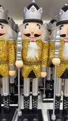 Three nutcracker figures on a store shelf